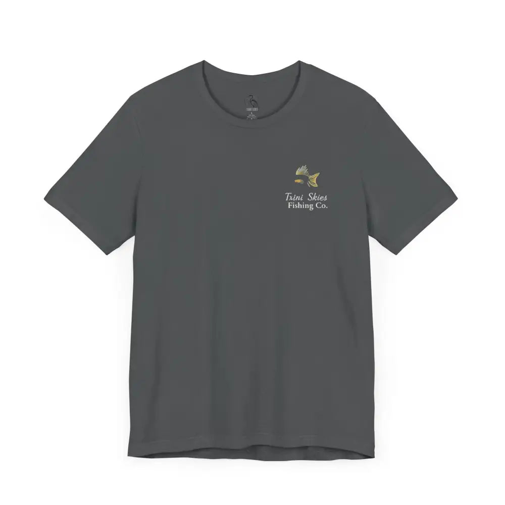 Trini Skies Fishing dark grey short-sleeve life fishing tee with red drum graphic