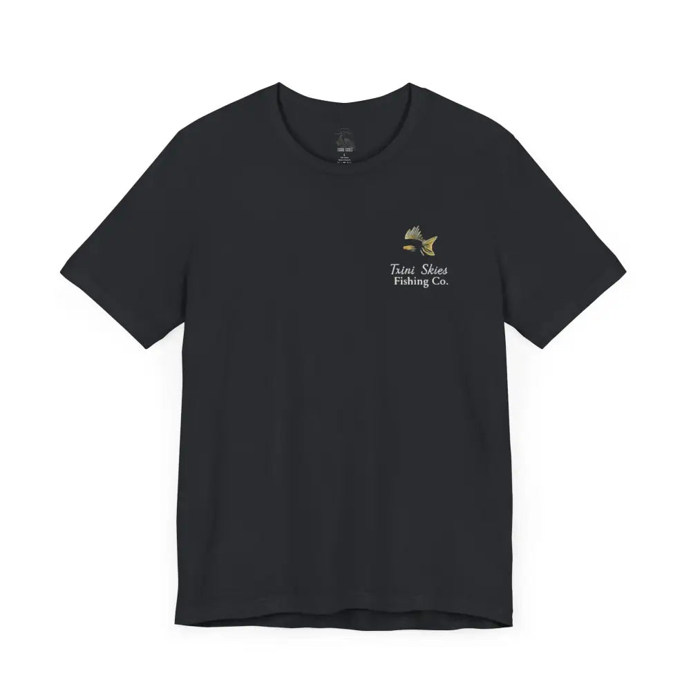 Trini Skies Fishing black tee with fish graphic and red drum design