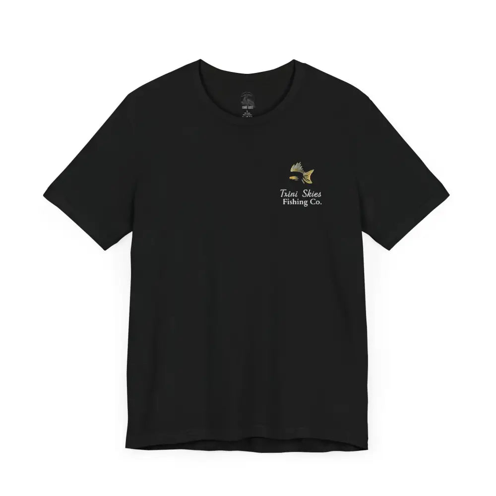 Black short-sleeve Trini Skies Fishing life fishing tee with red drum graphic