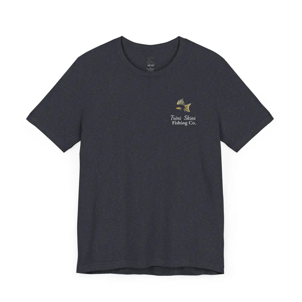 Mens dark blue short-sleeve Trini Skies Fishing life fishing tee with red drum graphic