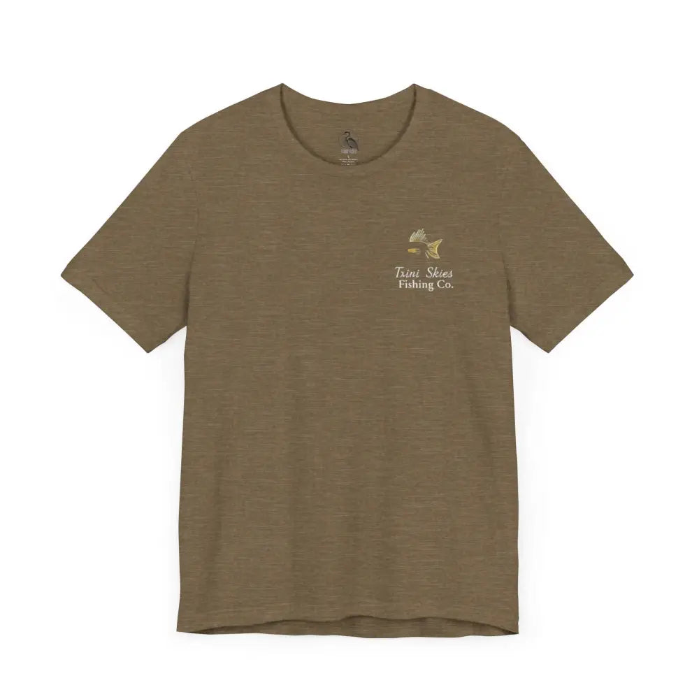 Olive green short-sleeve Trini Skies Fishing life fishing tee with red drum graphic