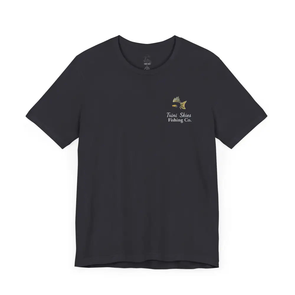 Trini Skies Fishing dark gray short-sleeve life fishing tee with red drum graphic