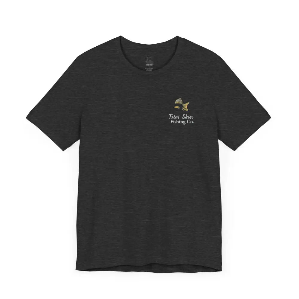 Trini Skies Fishing black tee with red drum fish graphic and This Is The Good Life text