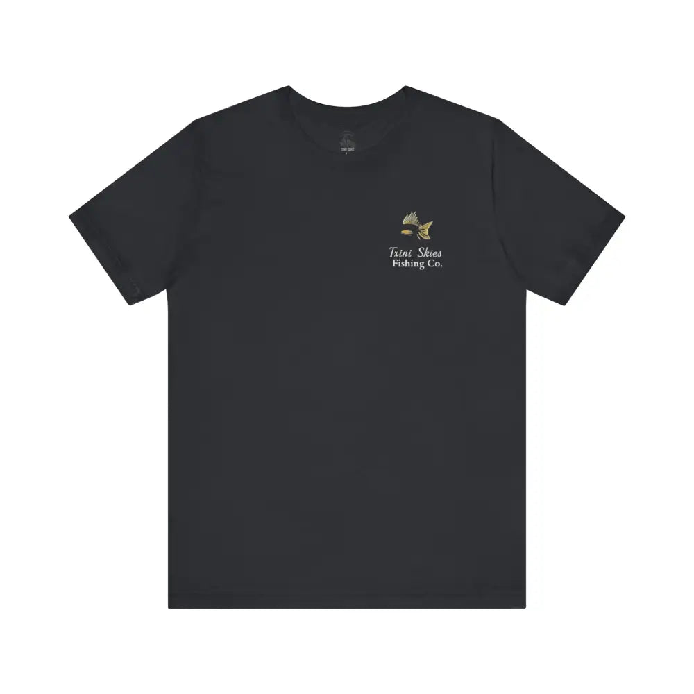 Black Trini Skies Fishing Co. tee with fish graphic on chest