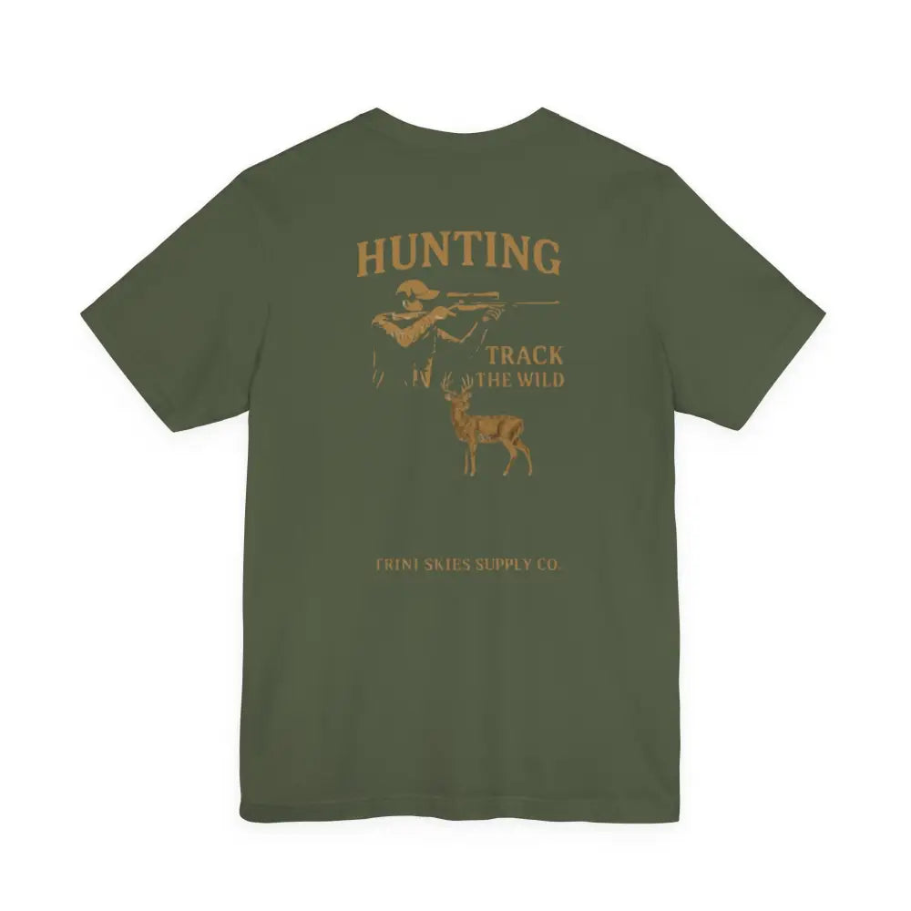 Olive green Trini Skies Supply hunting track t-shirt with graphic