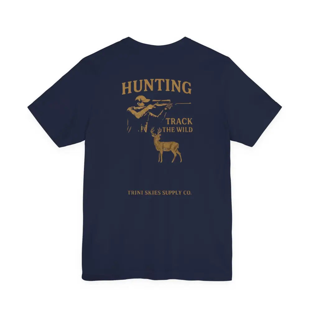 Trini Skies dark blue hunting track t-shirt with gold graphic