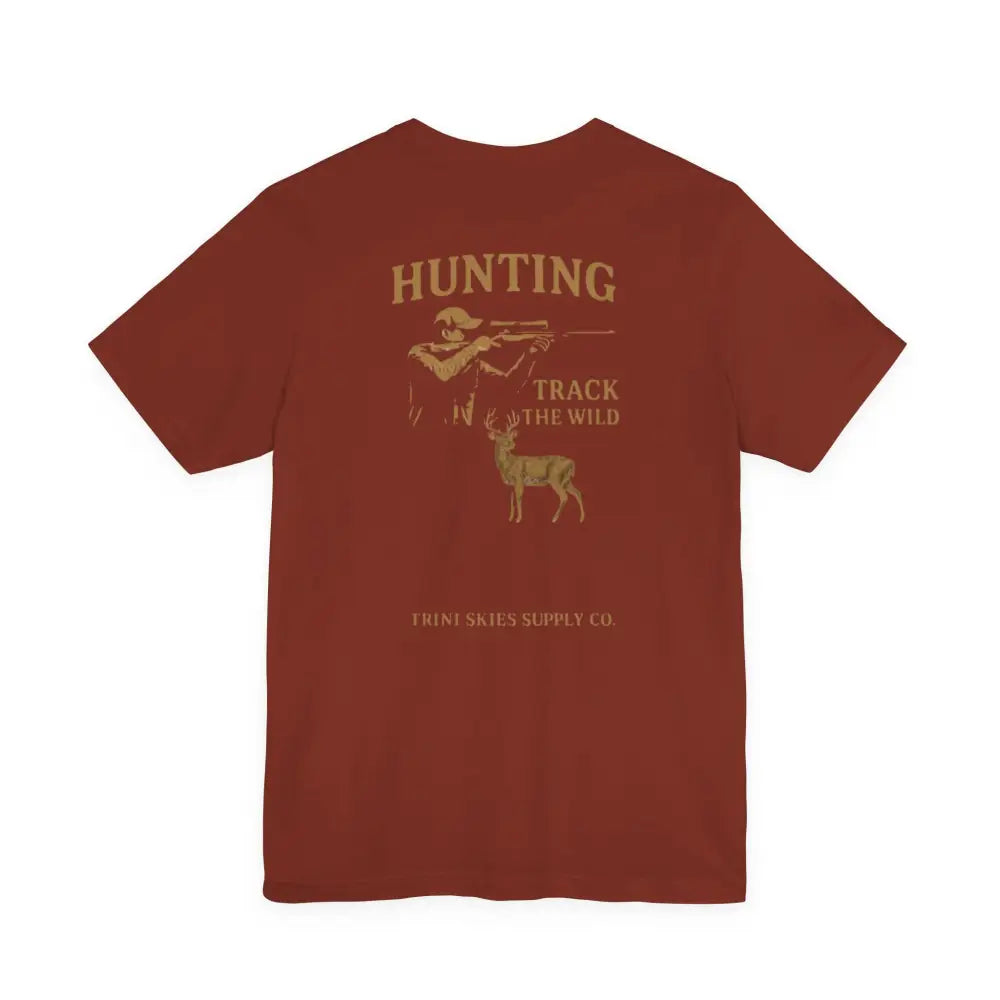 Trini Skies Supply rust t-shirt with hunting track the wild graphic