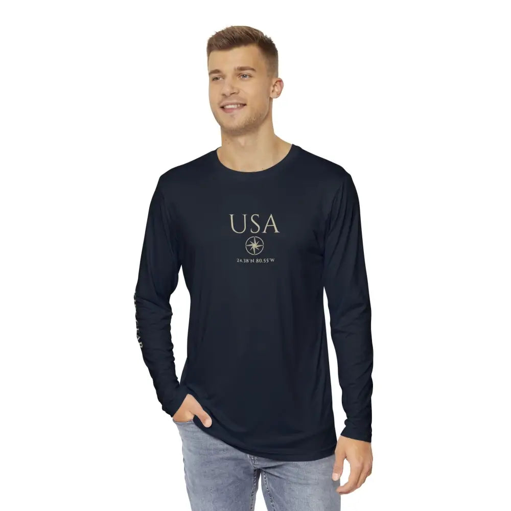 Man in Trini Skies USA Series navy long-sleeve fishing shirt with compass