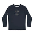 Dark blue Trini Skies long-sleeve fishing shirt with compass graphic