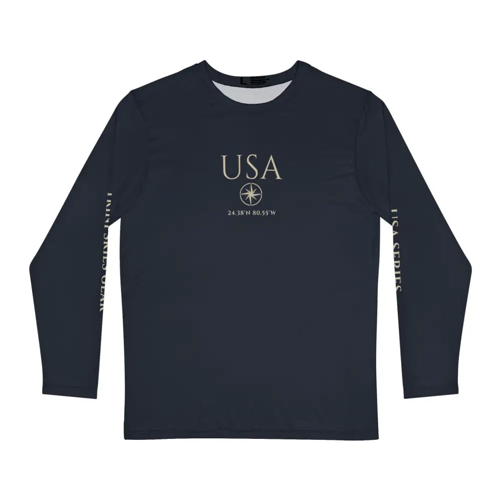Dark blue Trini Skies long-sleeve fishing shirt with compass graphic