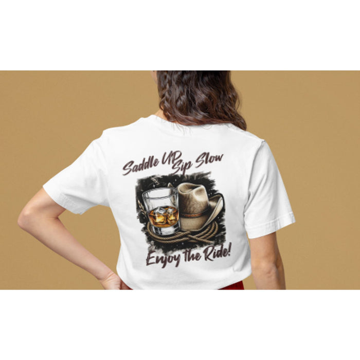 Trini Skies Whiskey Adventures Enjoy The Ride Graphic Short Sleeve Pullover Crewneck Tshirt