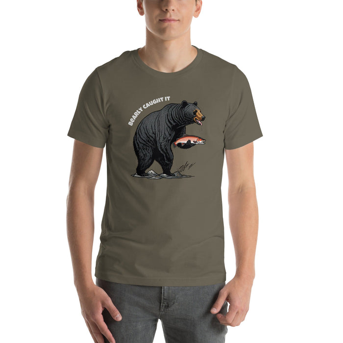 Triniskies Army / S Bearly Caught It Black Bear Fishing T-Shirt Comfortable Bella Canvas Tee Fishing Tshirt Camping Nature Hiking Great Gift