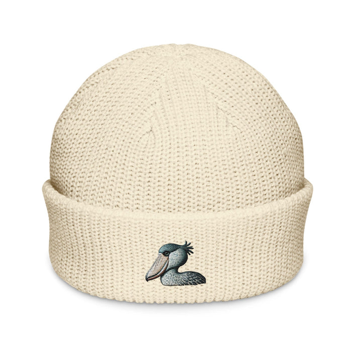 Triniskies  BEANIE Ecru Embroidered Shoebill Stork Fisherman Beanie – Striking Wildlife Knit Hat Bird Hat