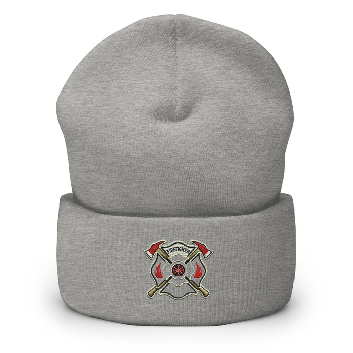 Triniskies  BEANIE Heather Grey Firefighter Shield and Axe Embroidered Beanie | Winter Hat