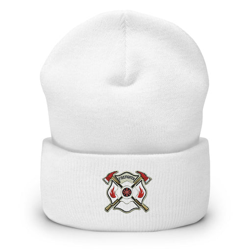 Triniskies  BEANIE White Firefighter Shield and Axe Embroidered Beanie | Winter Hat