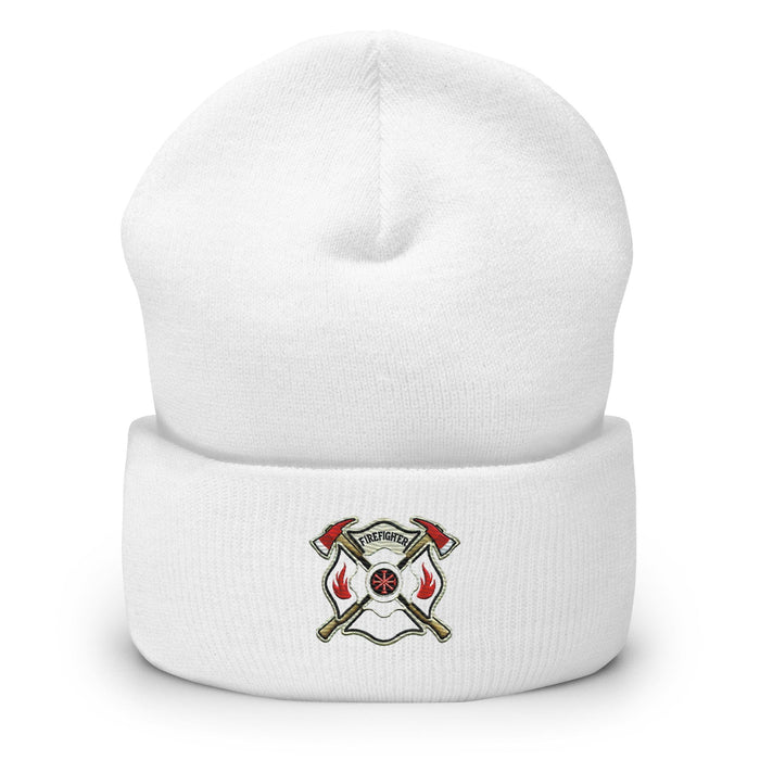 Triniskies  BEANIE White Firefighter Shield and Axe Embroidered Beanie | Winter Hat