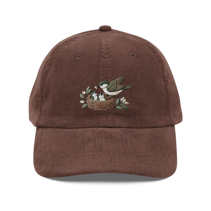 Triniskies  Brown Mama Bird Feeding Baby Birds Corduroy Cap – Embroidered Nature Design