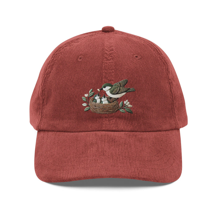 Triniskies  Burgundy Mama Bird Feeding Baby Birds Corduroy Cap – Embroidered Nature Design