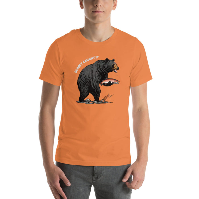 Triniskies Burnt Orange / XS Bearly Caught It Black Bear Fishing T-Shirt Comfortable Bella Canvas Tee Fishing Tshirt Camping Nature Hiking Great Gift