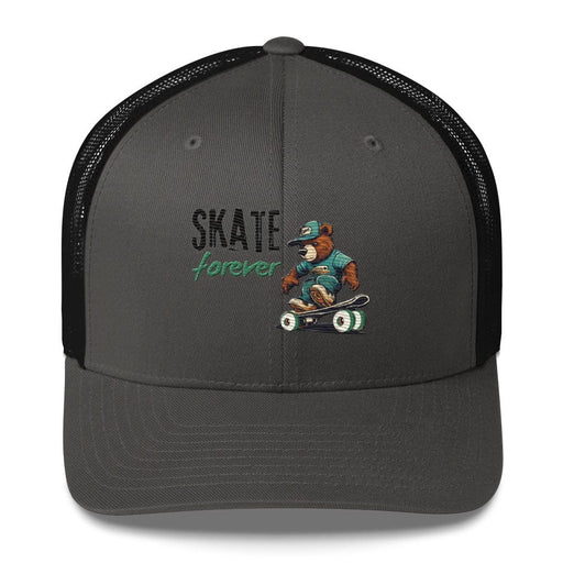 Triniskies Charcoal/ Black "Skate Forever" Bear Skateboarder Trucker Cap – Mesh Back & Adjustable Fit Trucker Cap