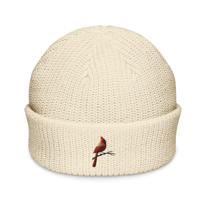 Triniskies  Ecru Bird Hat Cardinal Embroidered Fisherman Beanie for Cozy Winter Style