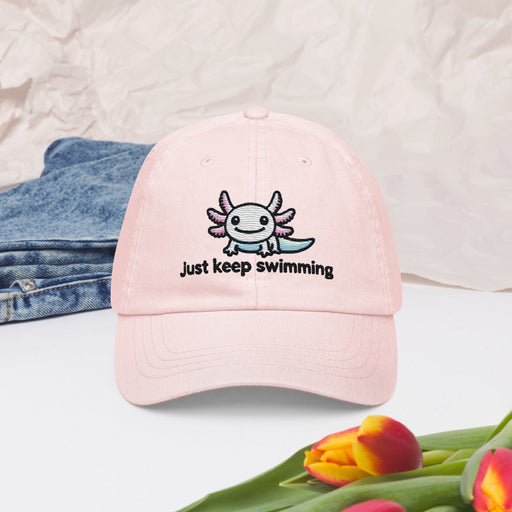 Triniskies Embroidered "Axolotl Just Keep Swimming" Pastel Baseball Hat, Low Profile Cotton Cap Great Gift Idea