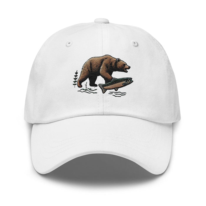 Triniskies Great Outdoors Embroidered Bear and Salmon Dad hat Great Adventures Outdoor Life Camping Fishing Hat