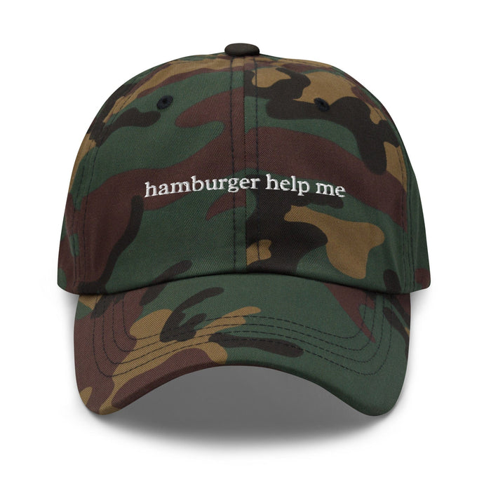 Triniskies  Green Camo Hamburger Help Me Embroidered Dad Hat