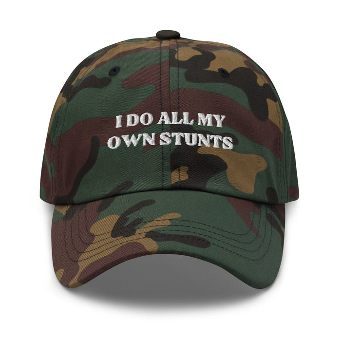 Triniskies  Green Camo I Do All My Own Stunts Embroidered Dad Hat