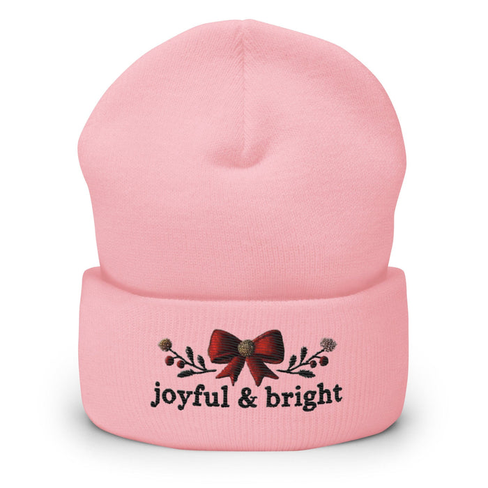 Triniskies  Hats Baby Pink Embroidered Joyful and Bright Christmas Cuffed Beanie | Cozy Holiday Hat