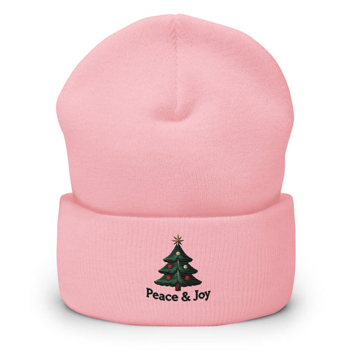 Triniskies  Hats Baby Pink Embroidered Peace & Joy Christmas Tree Cuffed Beanie | Holiday Winter Hat