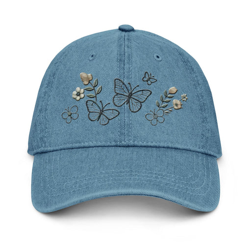 Triniskies  Hats Blue / adult / unisex Beautiful Embroidered Floral & Butterfly Denim Cap Nature Lover Hat