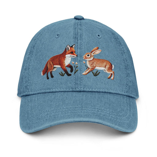 Triniskies  Hats Blue The Friendship of a Rabbit and a Fox Embroidered Denim Hat – A Whimsical Touch