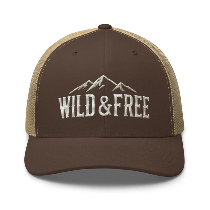 Triniskies  Hats Brown/ Khaki Embroidered Wild and Free Trucker Cap | Camping & Hiking Nature Lovers Hat