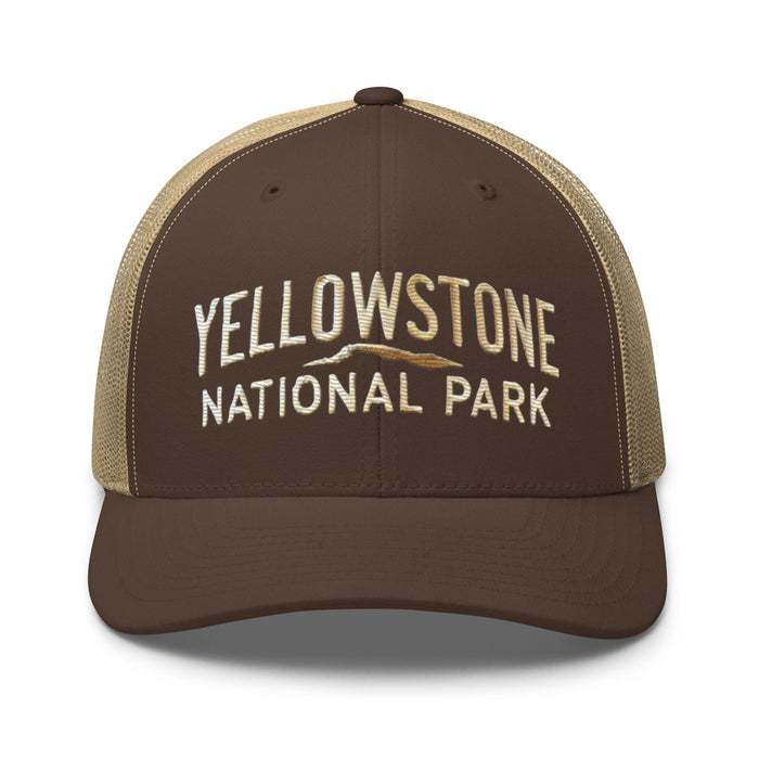 Triniskies  Hats Brown/ Khaki Embroidered Yellowstone National Park Trucker Cap Mesh Back Adventure Hat Camping Hat