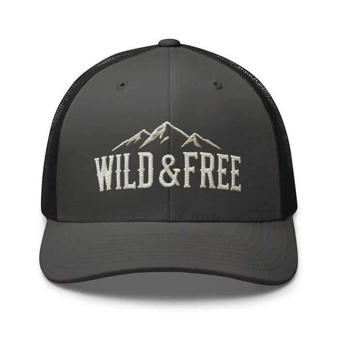 Triniskies  Hats Charcoal/ Black Embroidered Wild and Free Trucker Cap | Camping & Hiking Nature Lovers Hat