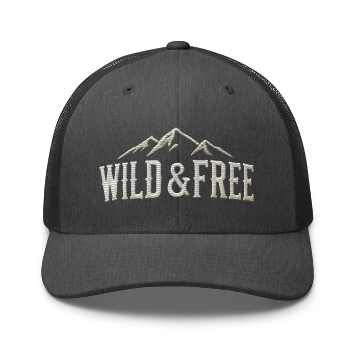 Triniskies  Hats Dark Heather Gray Embroidered Wild and Free Trucker Cap | Camping & Hiking Nature Lovers Hat