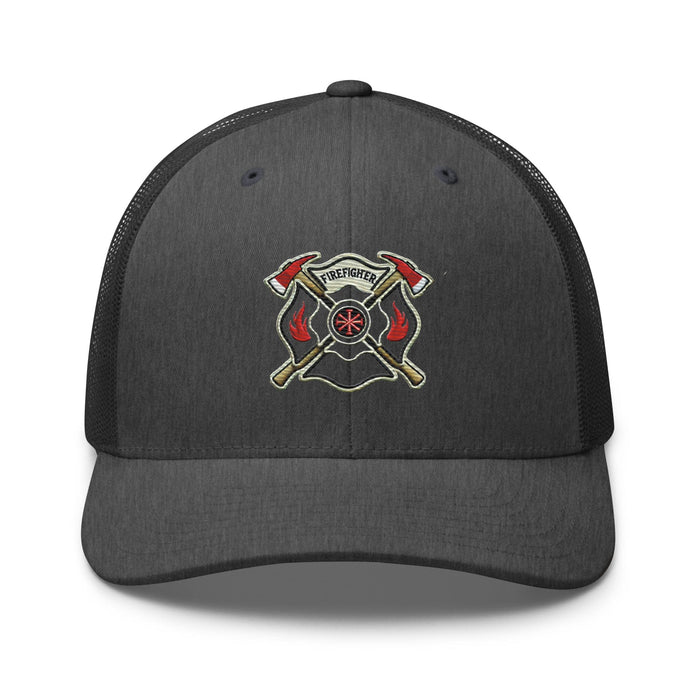 Triniskies  Hats Dark Heather Gray Firefighter Shield and Axe Embroidered Hat | Classic Trucker Cap