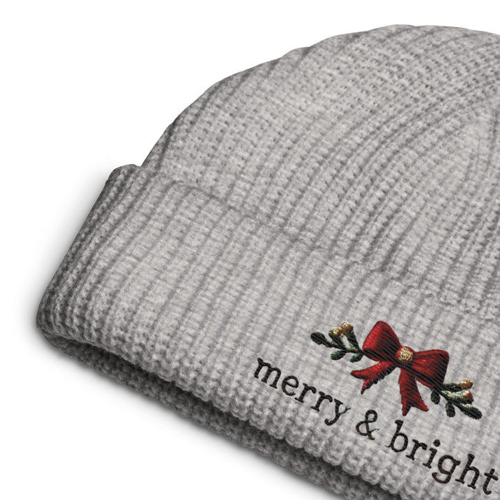 Triniskies  Hats Embroidered Merry & Bright Christmas Bow Fisherman Beanie | Cozy & Festive