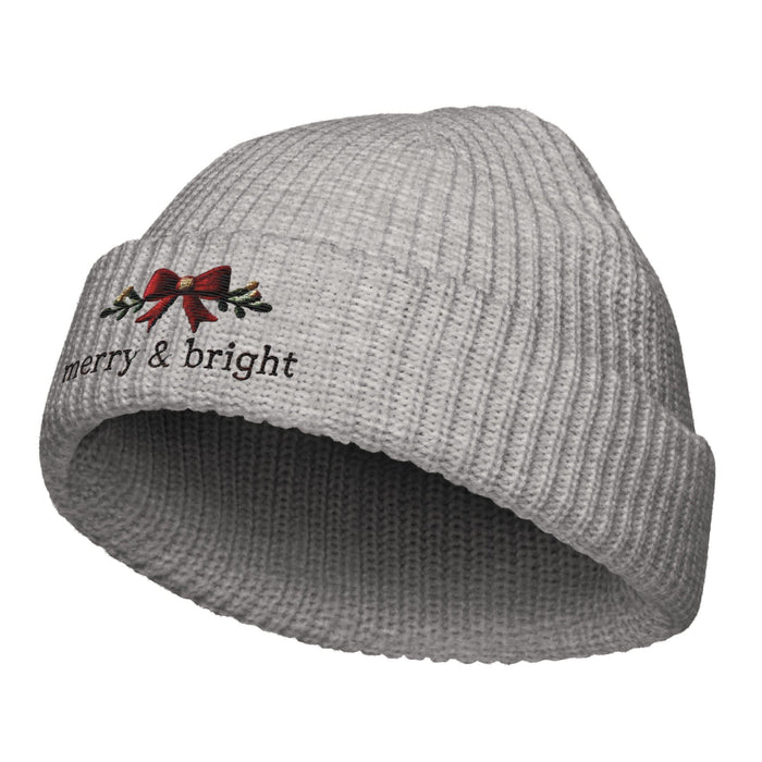 Triniskies  Hats Embroidered Merry & Bright Christmas Bow Fisherman Beanie | Cozy & Festive