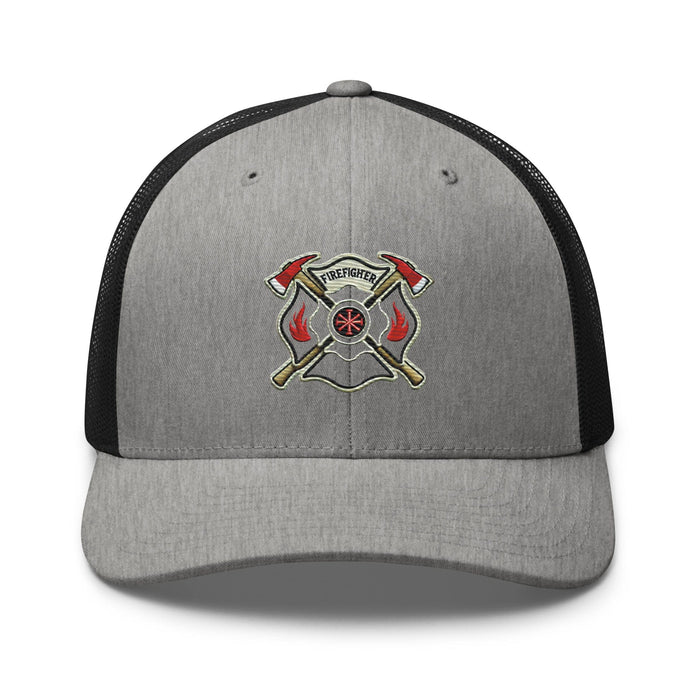 Triniskies  Hats Heather/ Black Firefighter Shield and Axe Embroidered Hat | Classic Trucker Cap