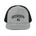 Triniskies  Hats Heather Grey / Black Embroidered Greensboro NC Trucker Cap | North Carolina Vacation & Travel Gift