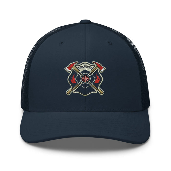 Triniskies  Hats Navy Firefighter Shield and Axe Embroidered Hat | Classic Trucker Cap