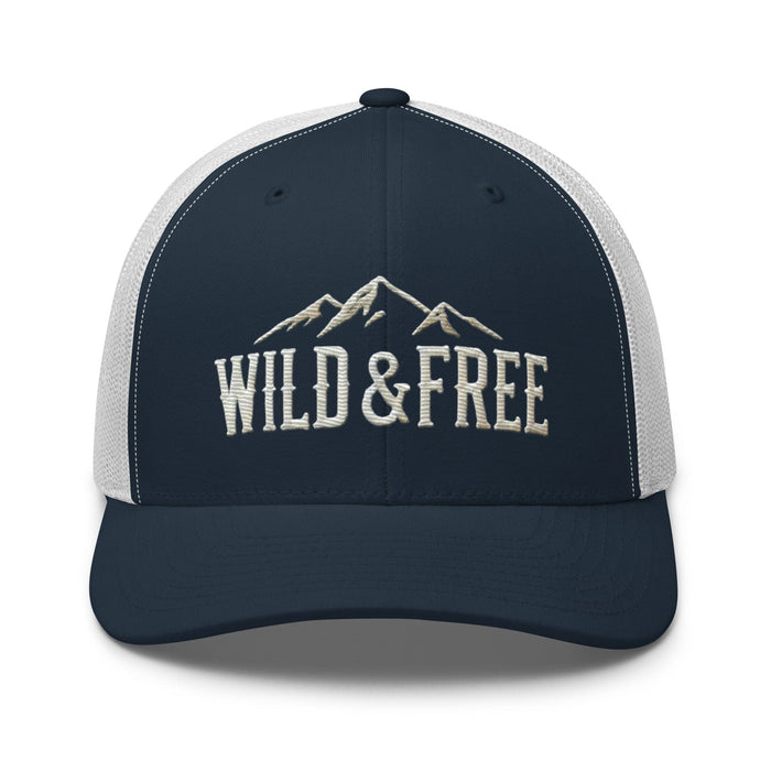 Triniskies  Hats Navy/ White Embroidered Wild and Free Trucker Cap | Camping & Hiking Nature Lovers Hat