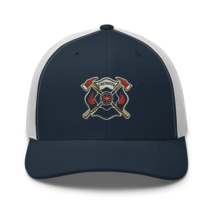 Triniskies  Hats Navy/ White Firefighter Shield and Axe Embroidered Hat | Classic Trucker Cap