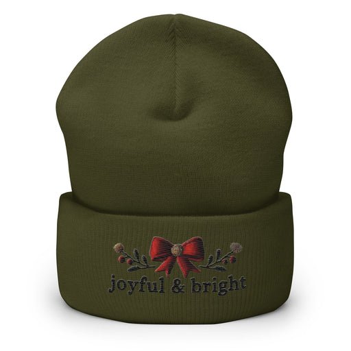 Triniskies  Hats Olive Embroidered Joyful and Bright Christmas Cuffed Beanie | Cozy Holiday Hat