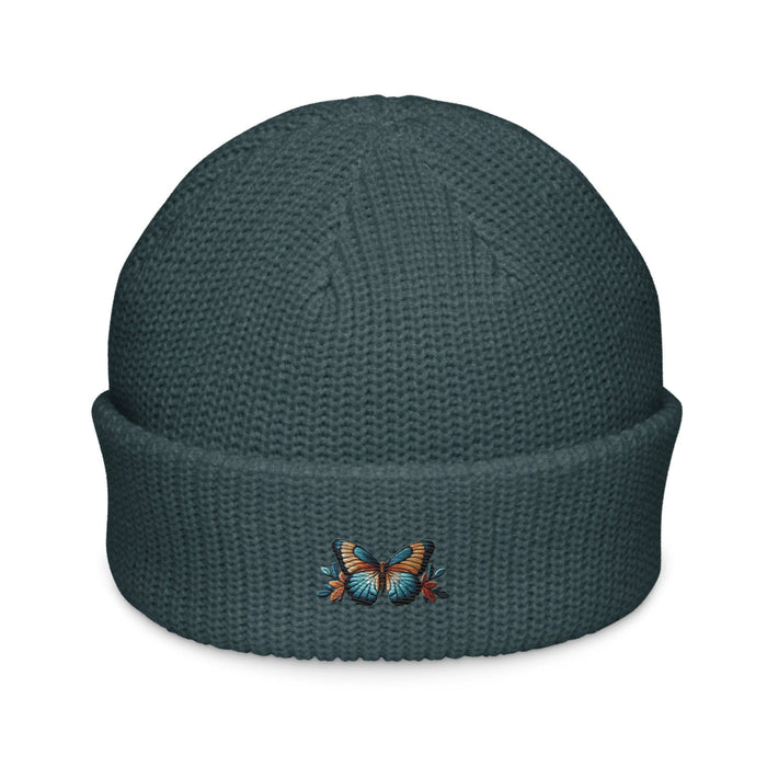 Triniskies  Hats Petrol Blue Embroidered Butterfly Fisherman Beanie Nature-Inspired Cozy Hat