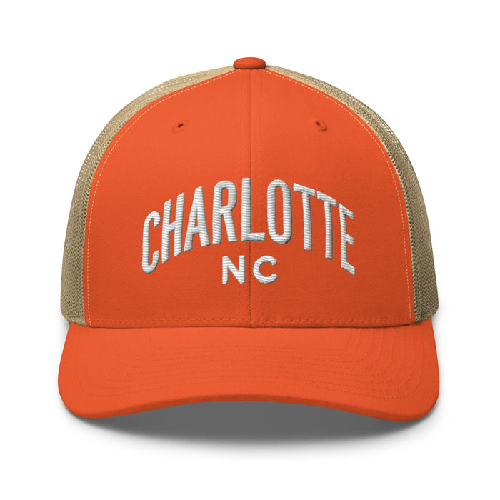 Triniskies  Hats Rustic Orange/ Khaki Embroidered Charlotte NC Trucker Cap | Classic Mesh Back Hat