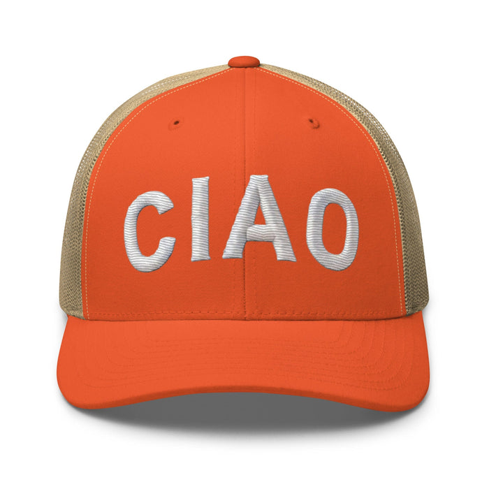 Triniskies  Hats Rustic Orange/ Khaki Embroidered CIAO Italian Trucker Hat | Travel Cap with Mesh Back