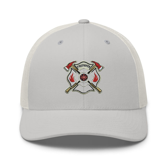 Triniskies  Hats Silver Firefighter Shield and Axe Embroidered Hat | Classic Trucker Cap